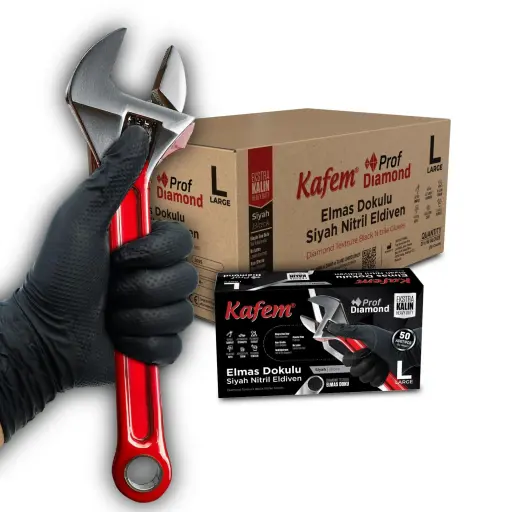 Ekstra Kalın Siyah Nitril Eldiven Elmas Dokulu