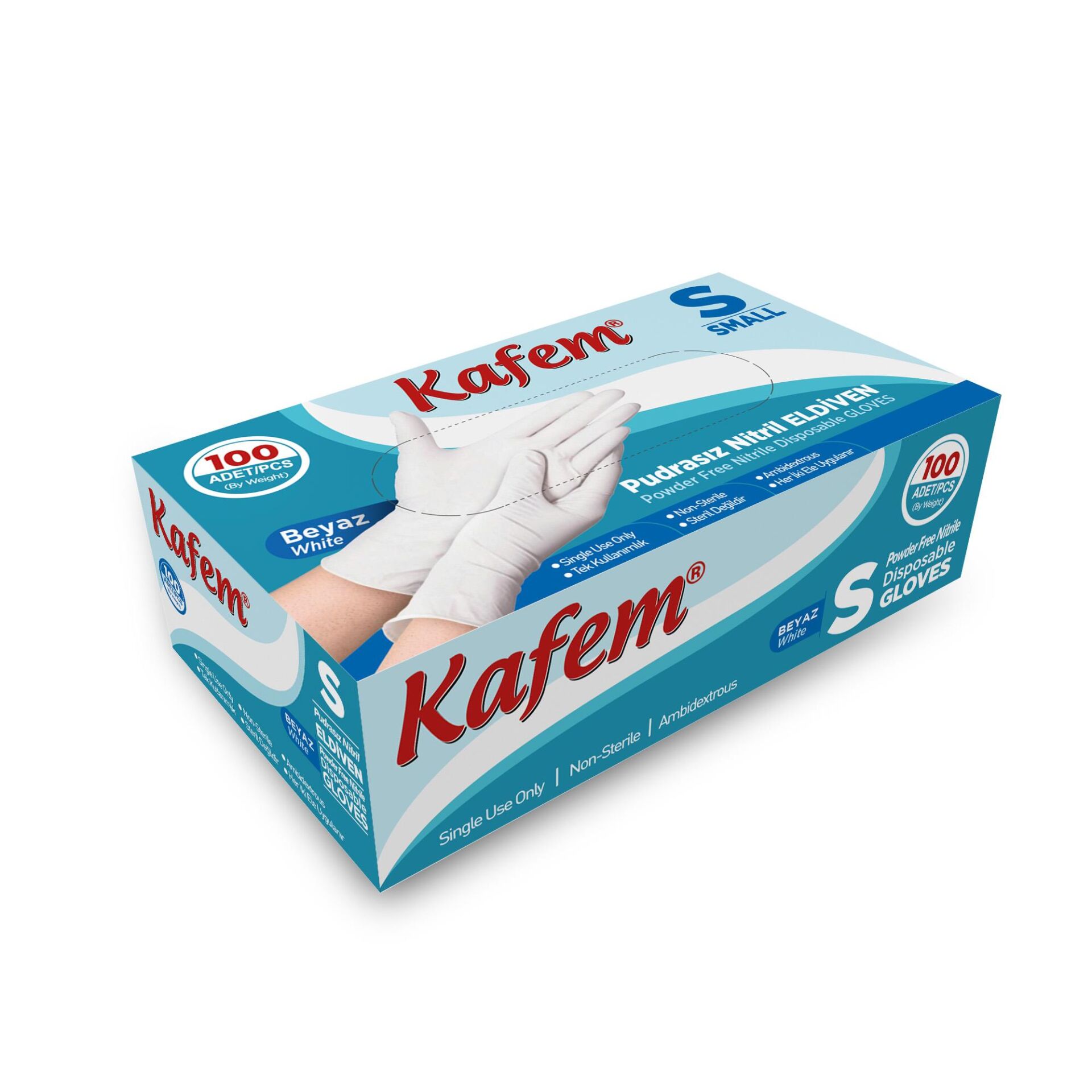 Kafem Beyaz Nitril Eldiven Pudrasız (S) 100 Lü