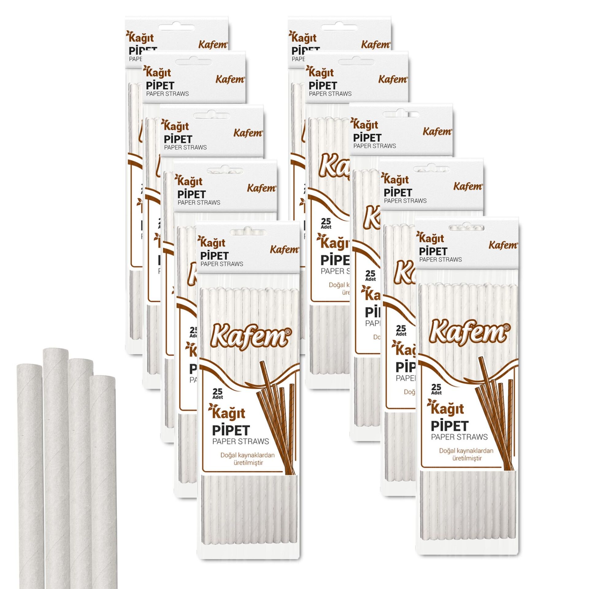 Kafem Beyaz Kağıt Pipet 19,5cm 25li x 10 Paket