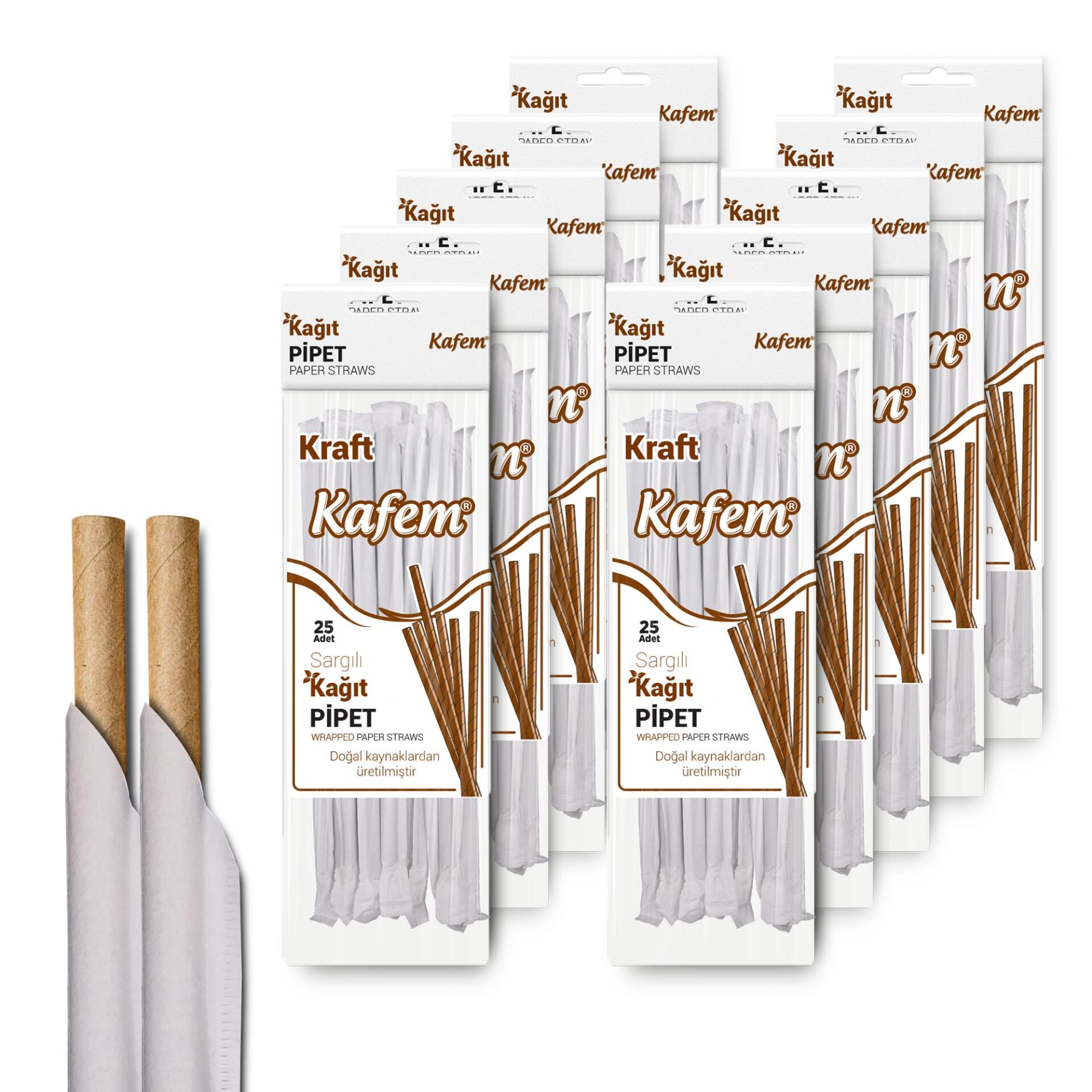 Kafem Sargılı Kraft Kağıt Pipet 19,5cm 25li x 10 Paket