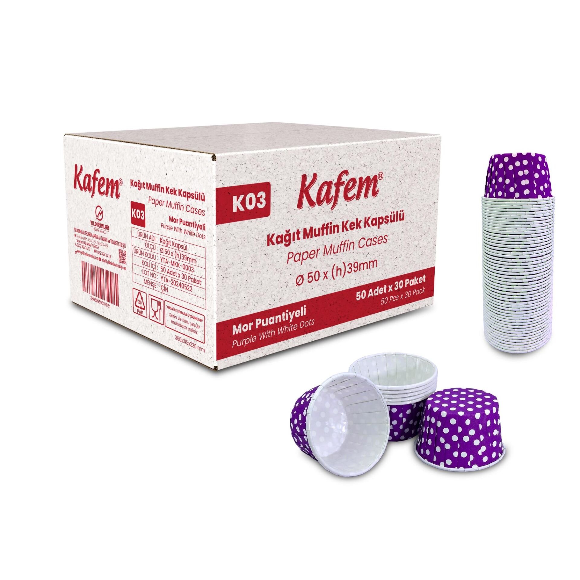 Kafem Mor Puantiyeli Muffin Kek Kapsülü 50li X 30 Paket (Koli) - K03
