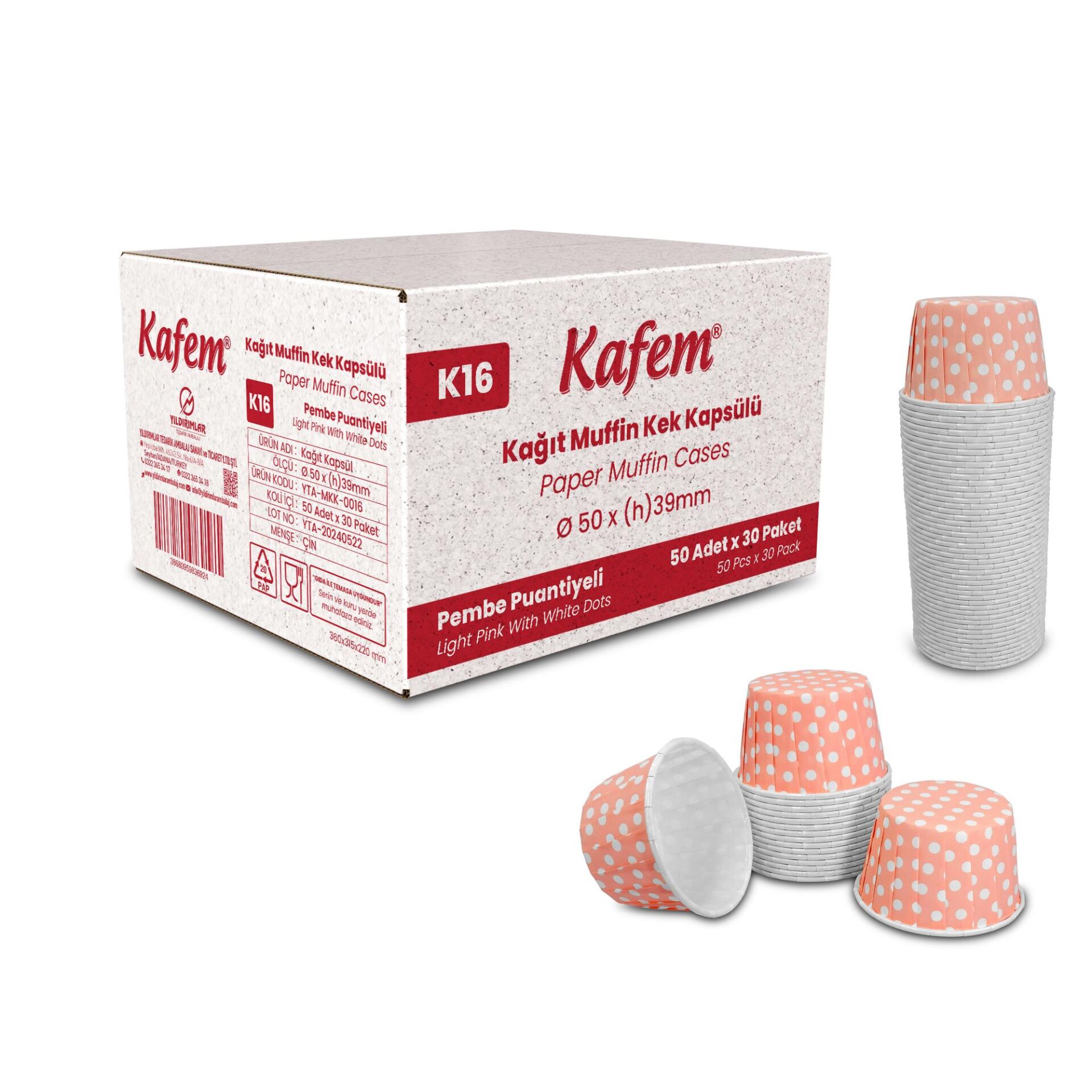 Kafem Pembe Puantiyeli Muffin Kek Kapsülü 50li X 30 Paket (Koli) - K16