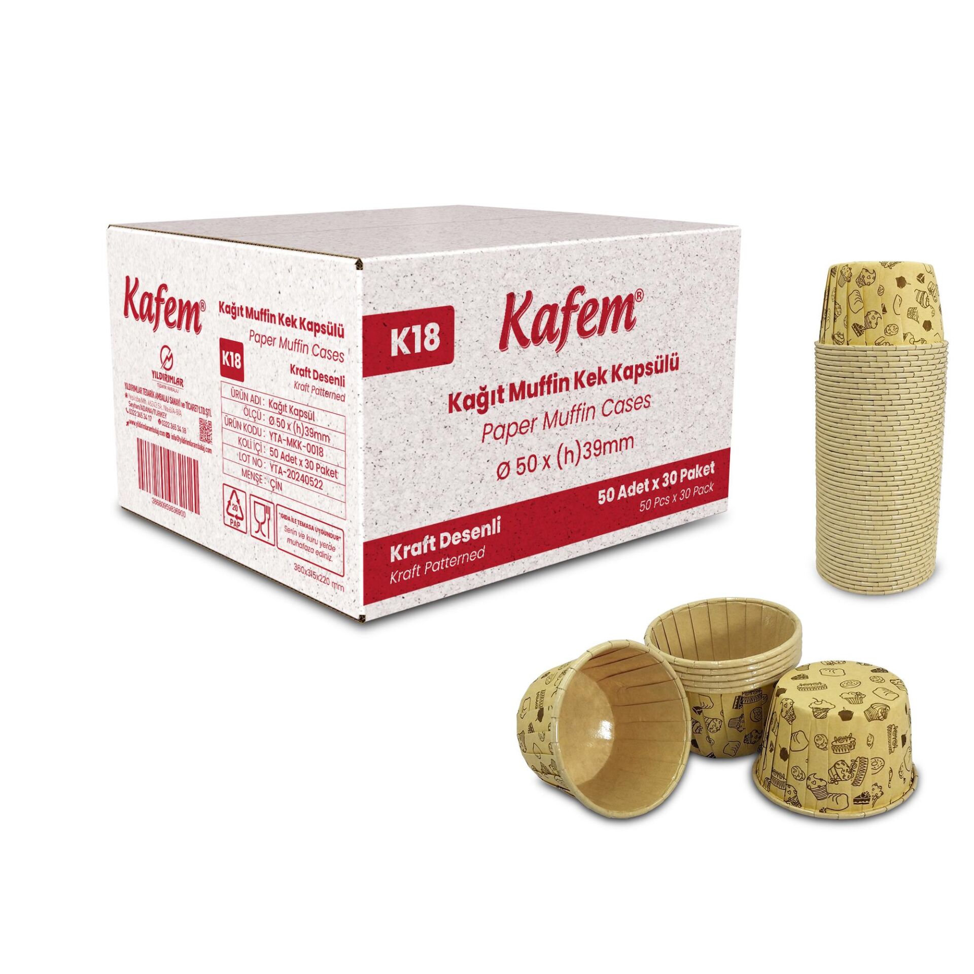 Kafem Kağıt Muffin Kek Kapsülü Desenli Kraft 50li X 30 Paket (Koli) - K18