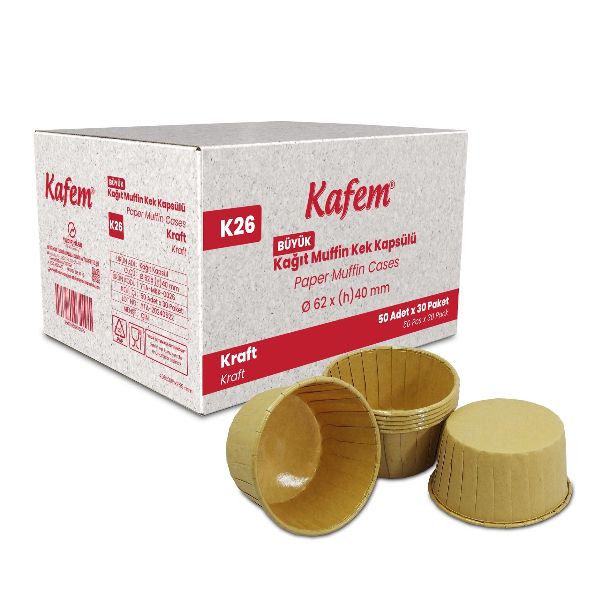 Kafem Muffin Kek Kapsülü Kraft Büyük Boy 50li X 30 Paket (Koli) - K26