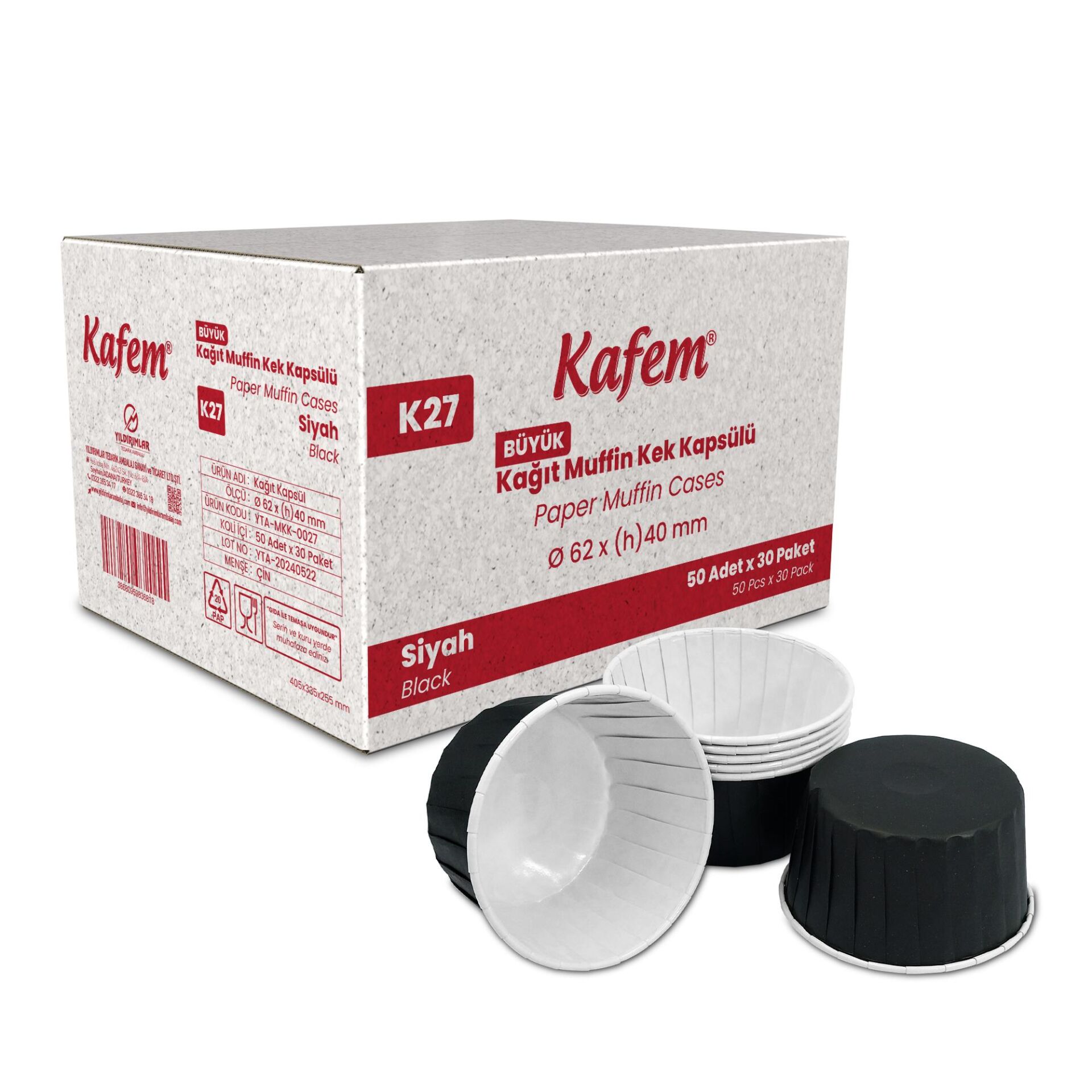 Kafem Muffin Kek Kapsülü Siyah Büyük Boy 50li X 30 Paket (Koli) - K27