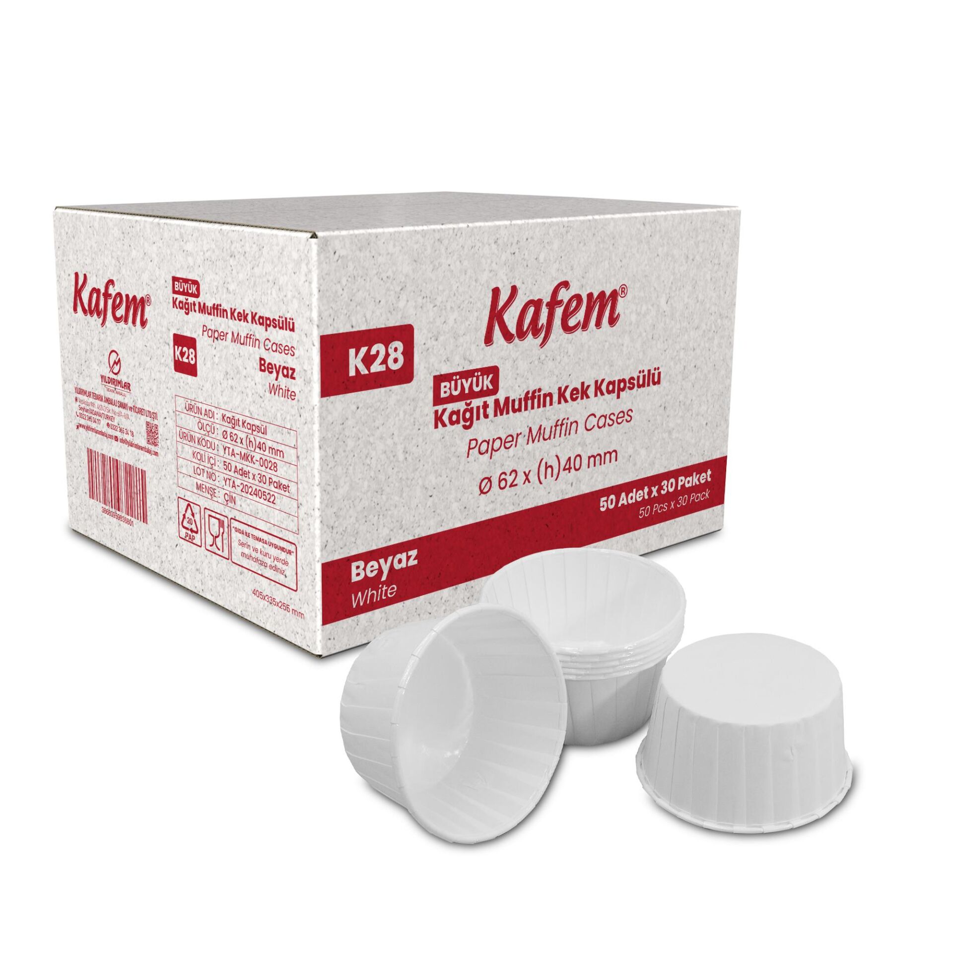 Kafem Muffin Kek Kapsülü Beyaz Büyük Boy 50li X 30 Paket (Koli) - K28