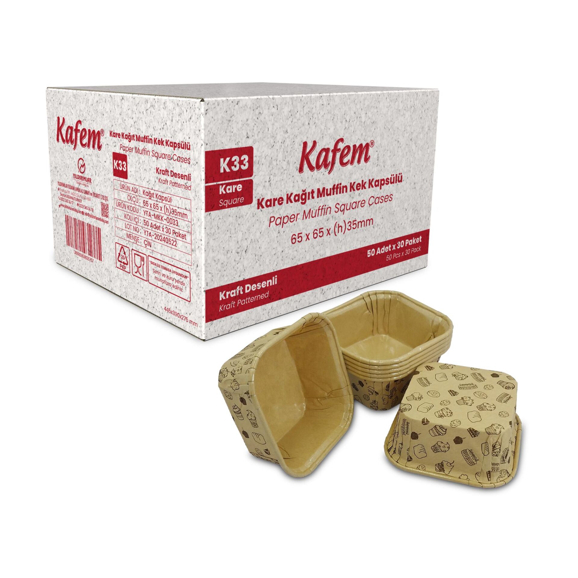 Kafem Muffin Kek Kapsülü Kare Kraft Desenli 50li X 30 Paket (Koli) - K33