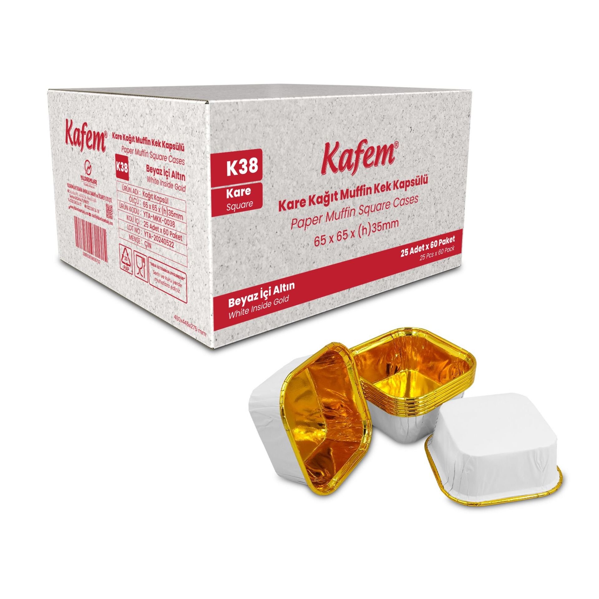 Kafem Muffin Kek Kapsülü Kare Beyaz-Altın 25li X 60 Paket (Koli) - K38