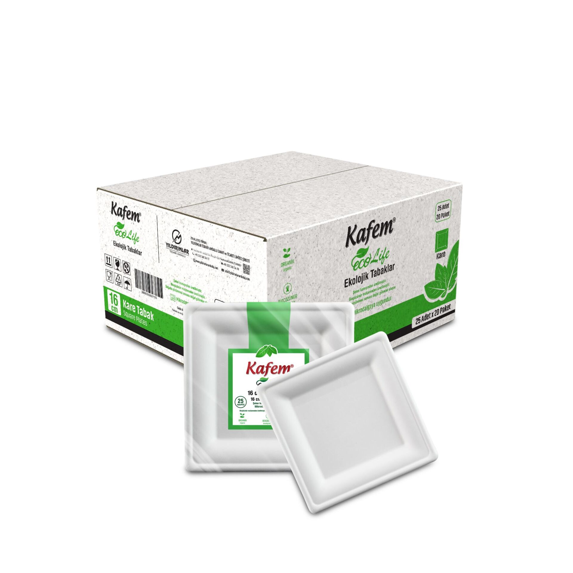 Kafem Ekolojik Kare Tabak 16 cm 25 Li X 20 Paket (Koli)