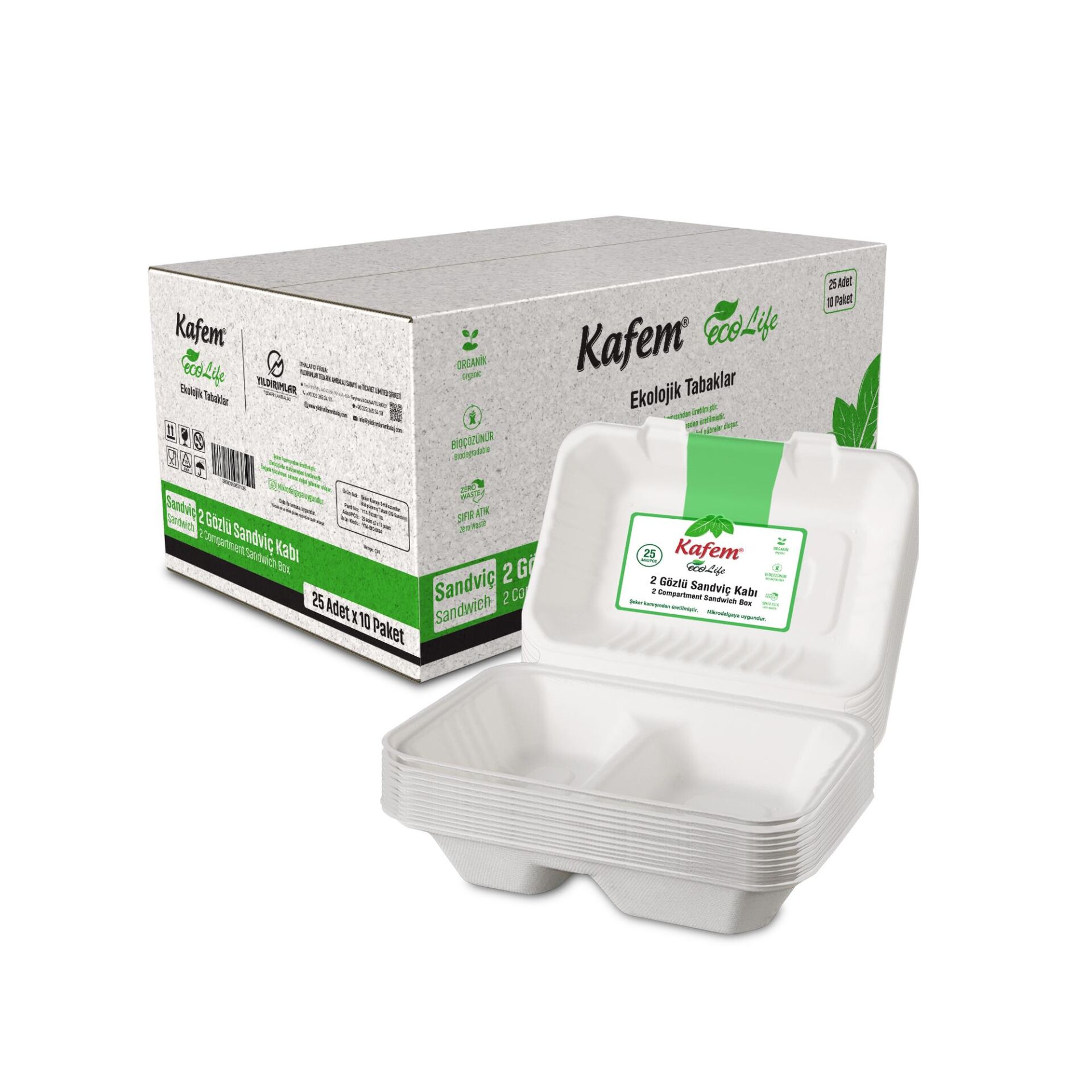 Kafem Ekolojik 2 Göz Kapaklı Karton Tabak 25 li X 10 Paket (Koli)