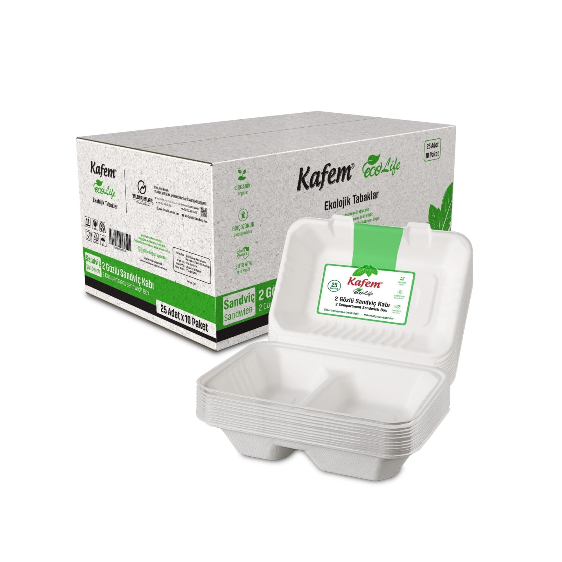 Kafem Ekolojik 2 Göz Kapaklı Karton Tabak 25 li X 10 Paket (Koli)