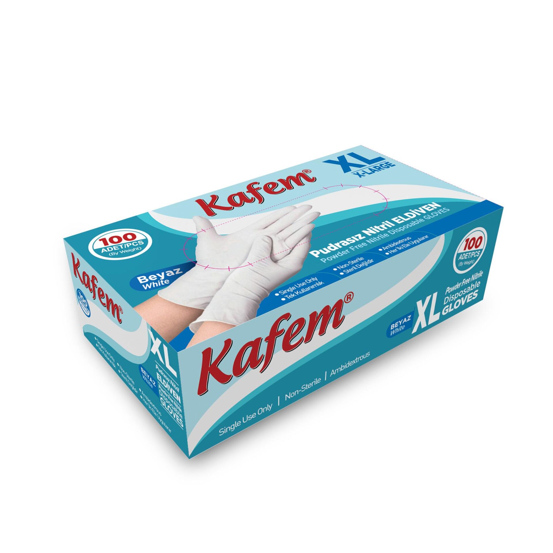 Kafem Beyaz Nitril Eldiven Pudrasız (XL) 100 Lü