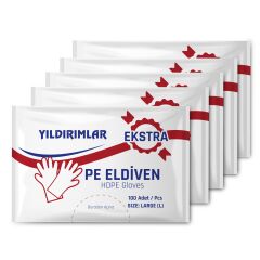 Yıldırımlar PE Extra Tek Kullanımlık Şeffaf Eldiven 100 Lü X 5 Paket