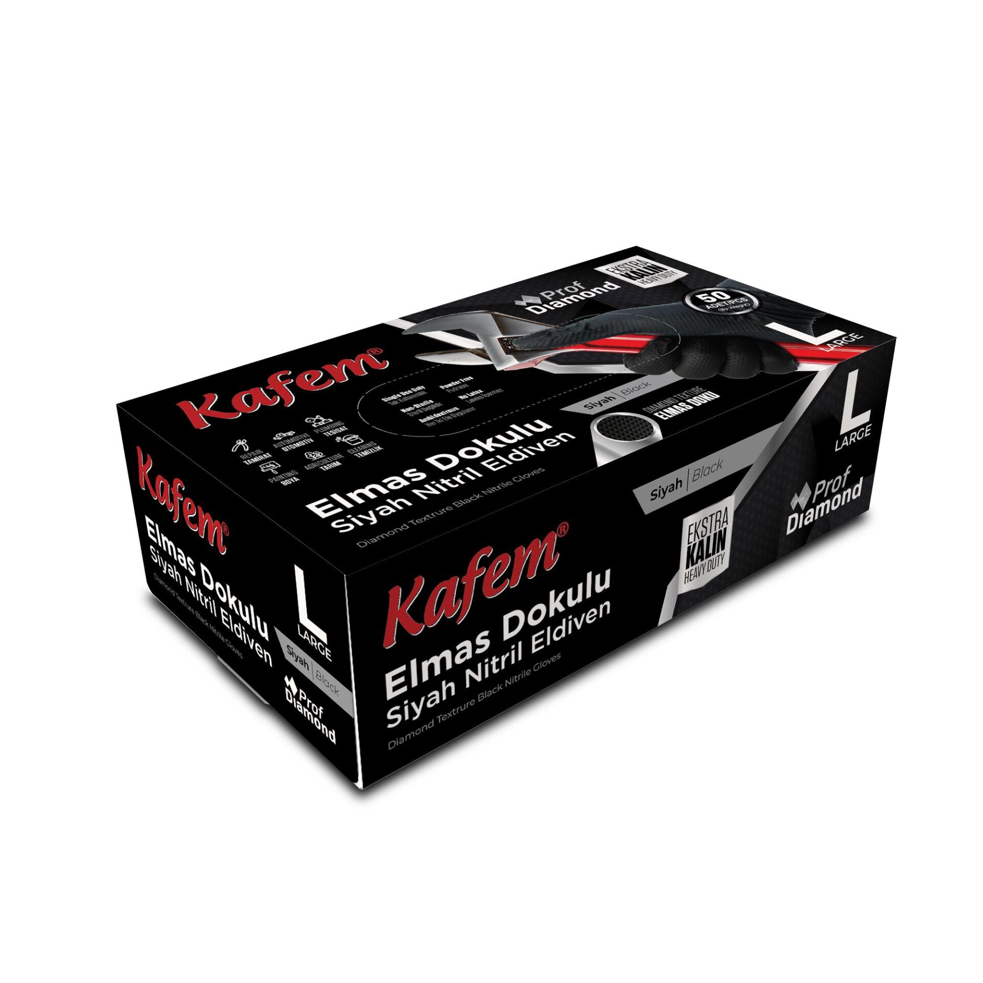Kafem Prof Dia Ekstra Kalın Siyah Nitril Eldiven Elmas Dokulu L 50 Adet
