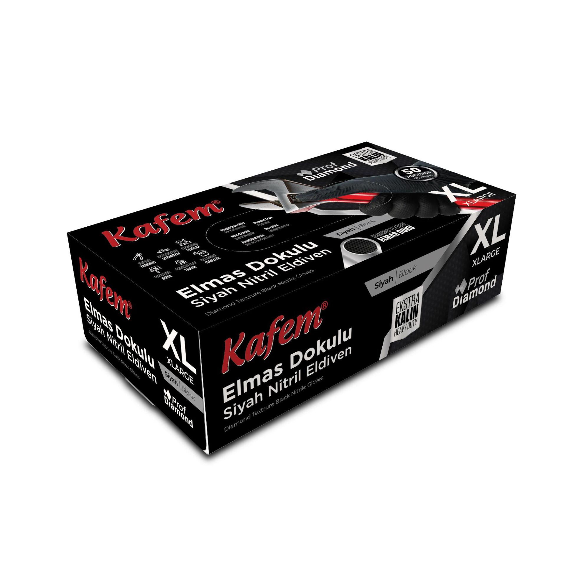 Kafem Prof Dia Ekstra Kalın Siyah Nitril Eldiven Elmas Dokulu XL 50 Adet