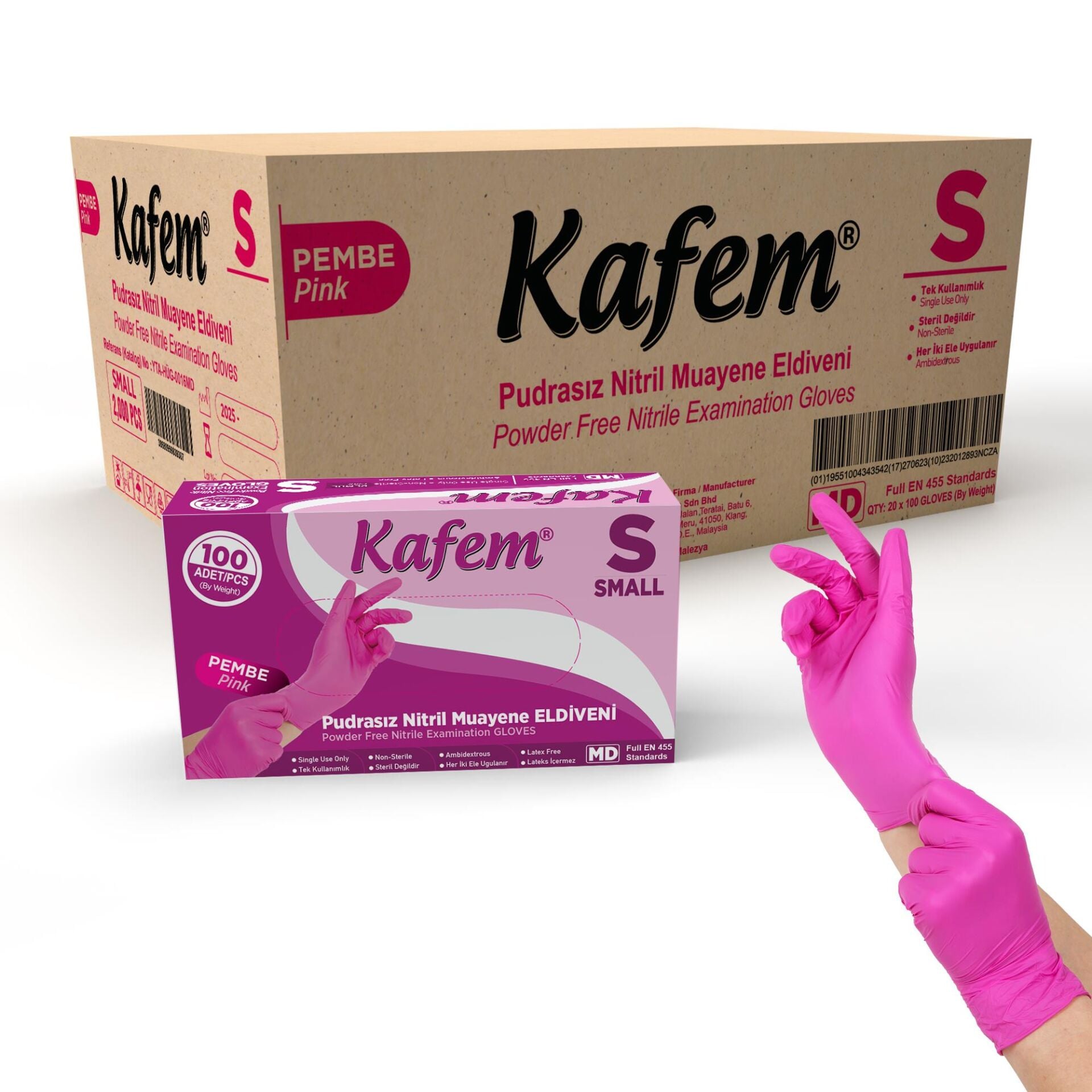 Kafem Pembe Nitril Eldiven Pudrasız (S) 100 Lü X 20 Paket (Koli)