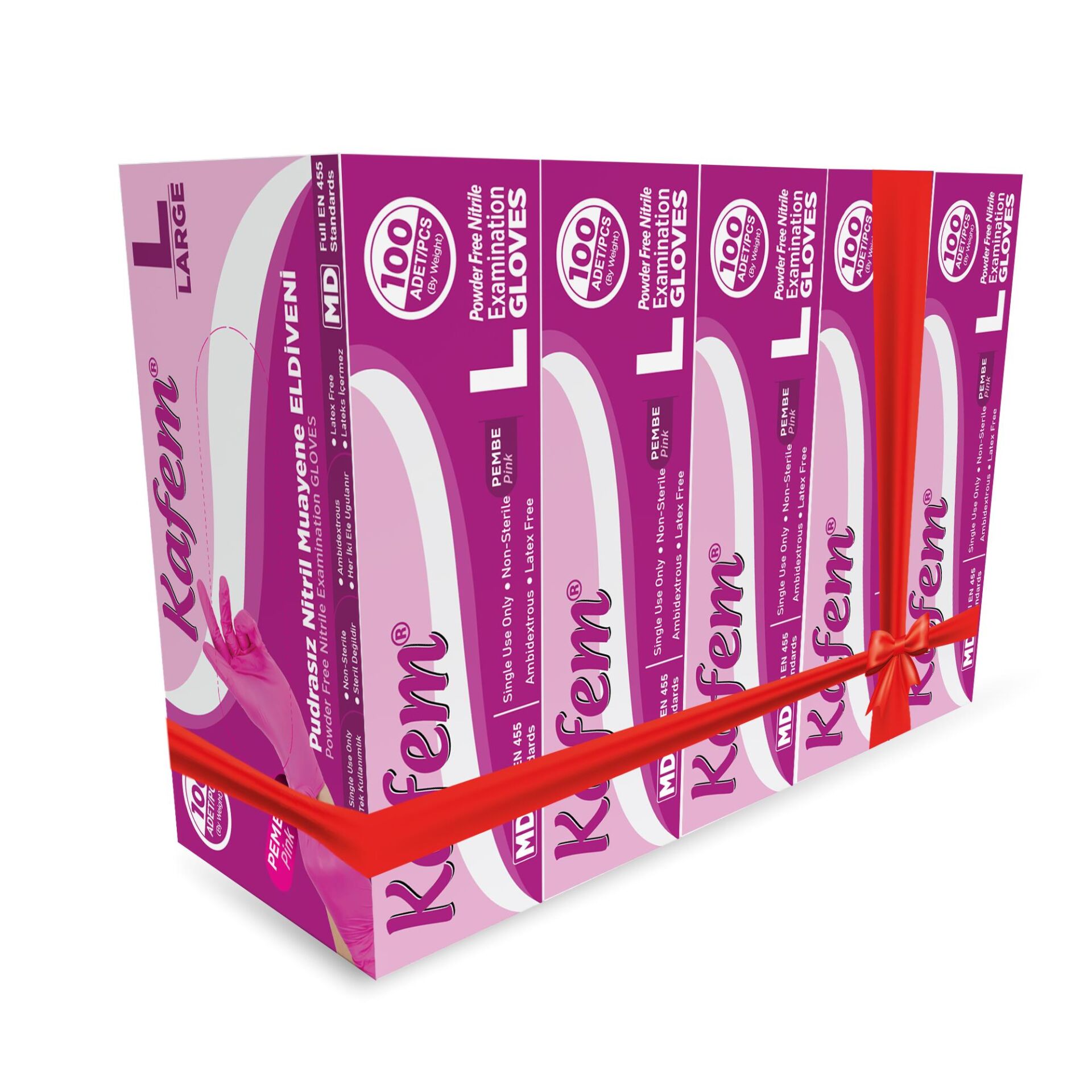Kafem Pembe Nitril Eldiven Pudrasız (L) 100 Lü X 5 Paket