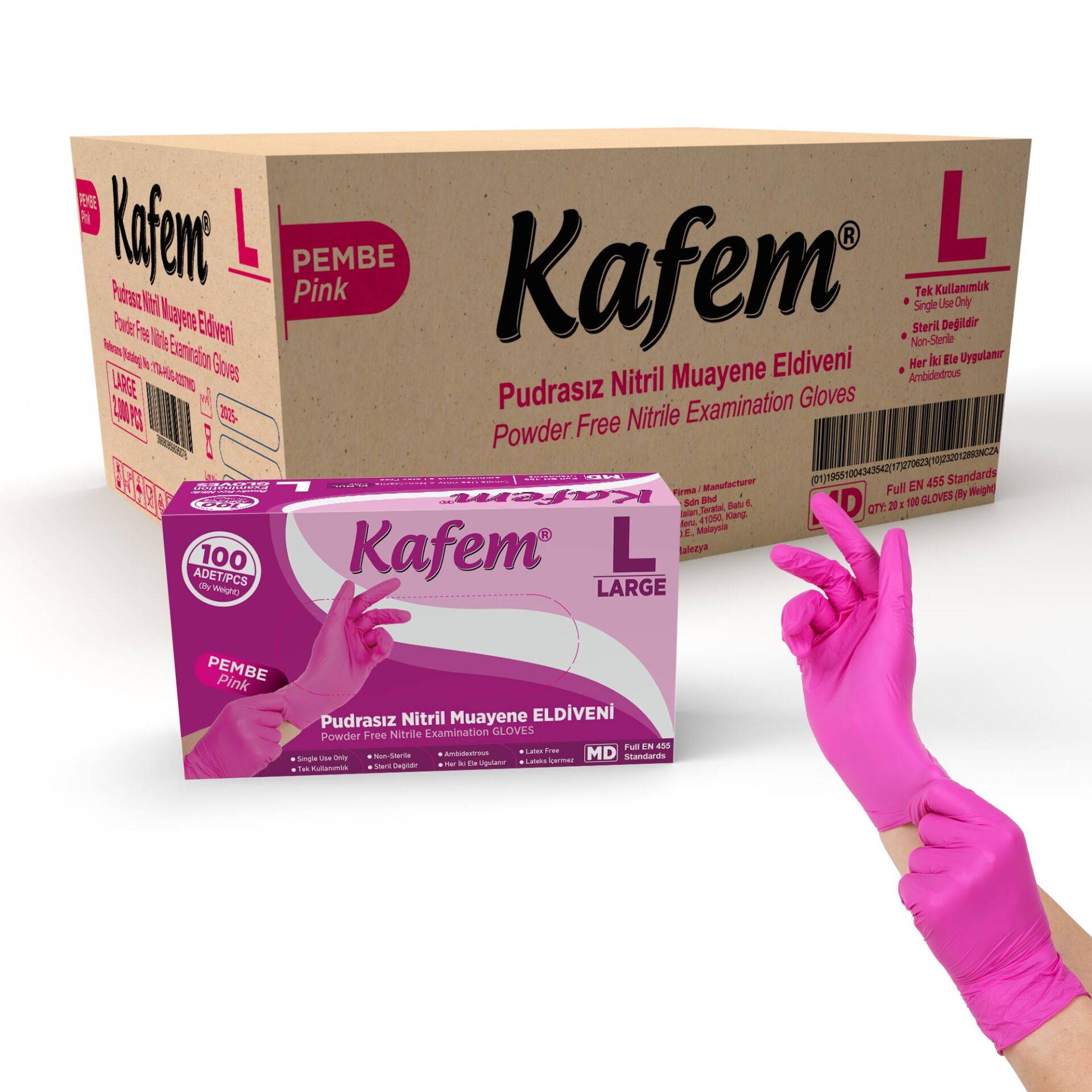 Kafem Pembe Nitril Eldiven Pudrasız (L) 100 Lü X 20 Paket (Koli)