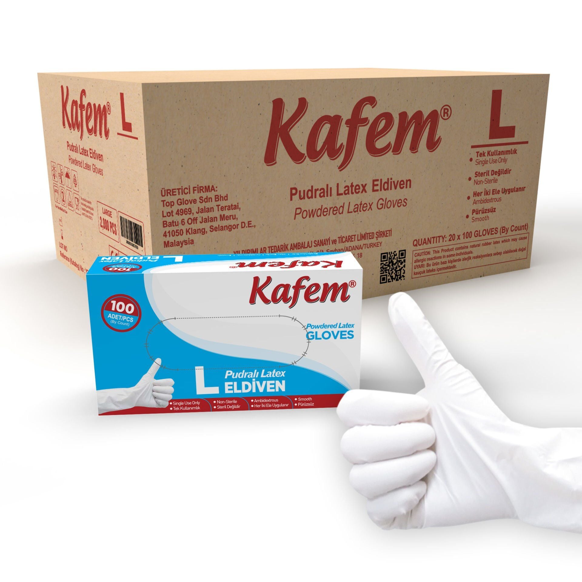 Kafem Beyaz Lateks Eldiven Pudralı (L) 100 Lü X 20 Paket (Koli)