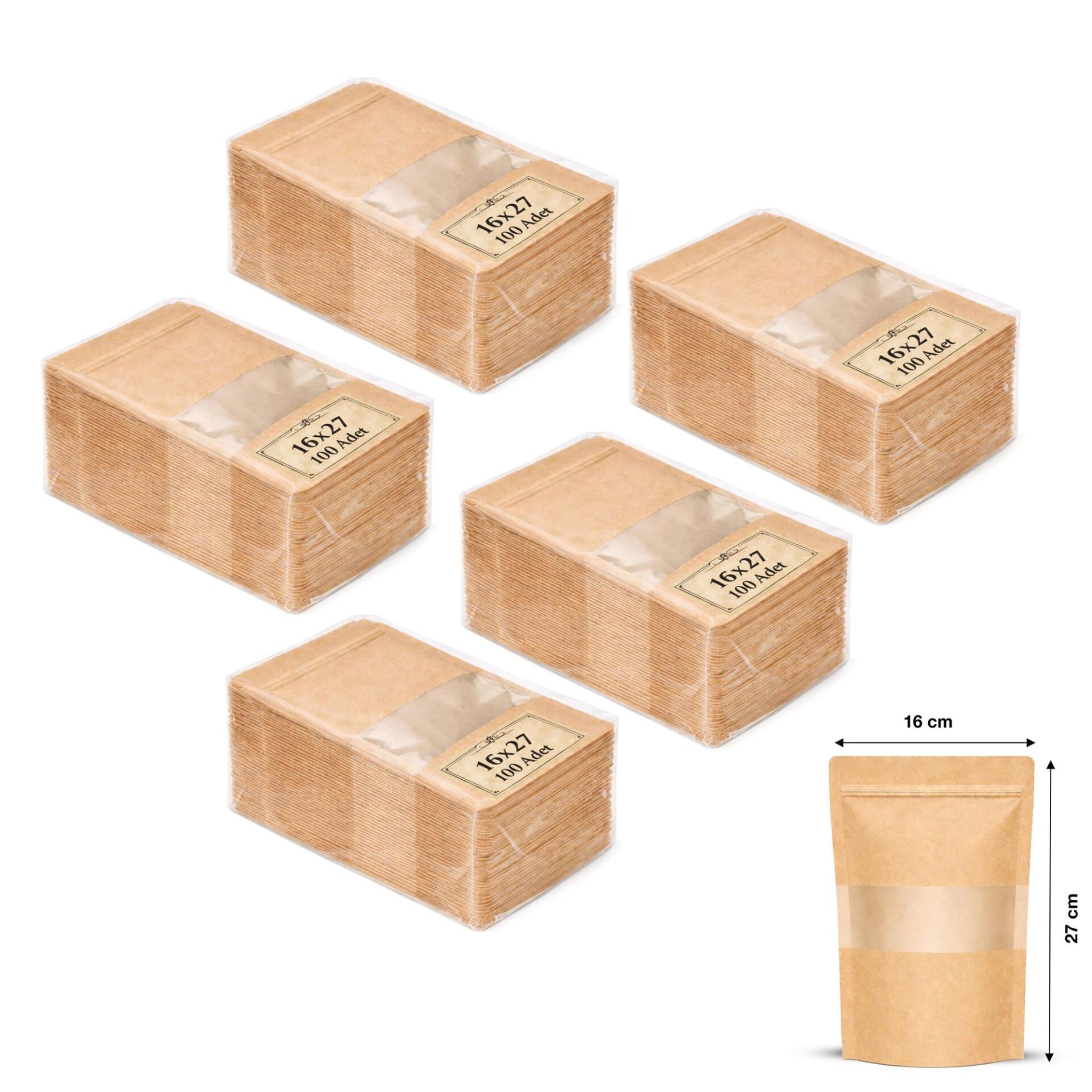 Kraft Pencereli Kilitli Doypack 16x27 cm 100 lü x 5 Paket