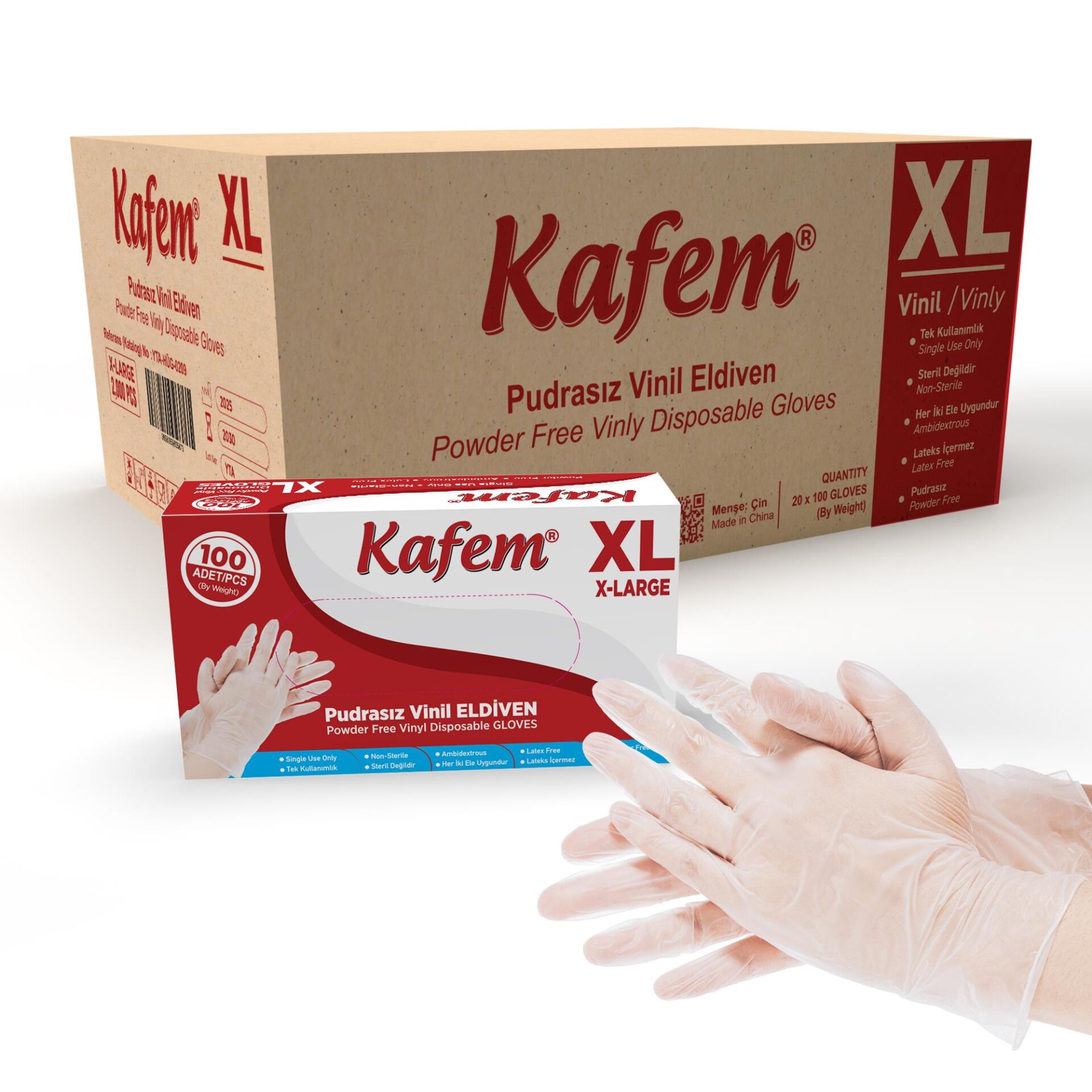 Kafem Beyaz Vinil Eldiveni Pudrasız (XL) 100 Adet x 20 Paket (Koli)