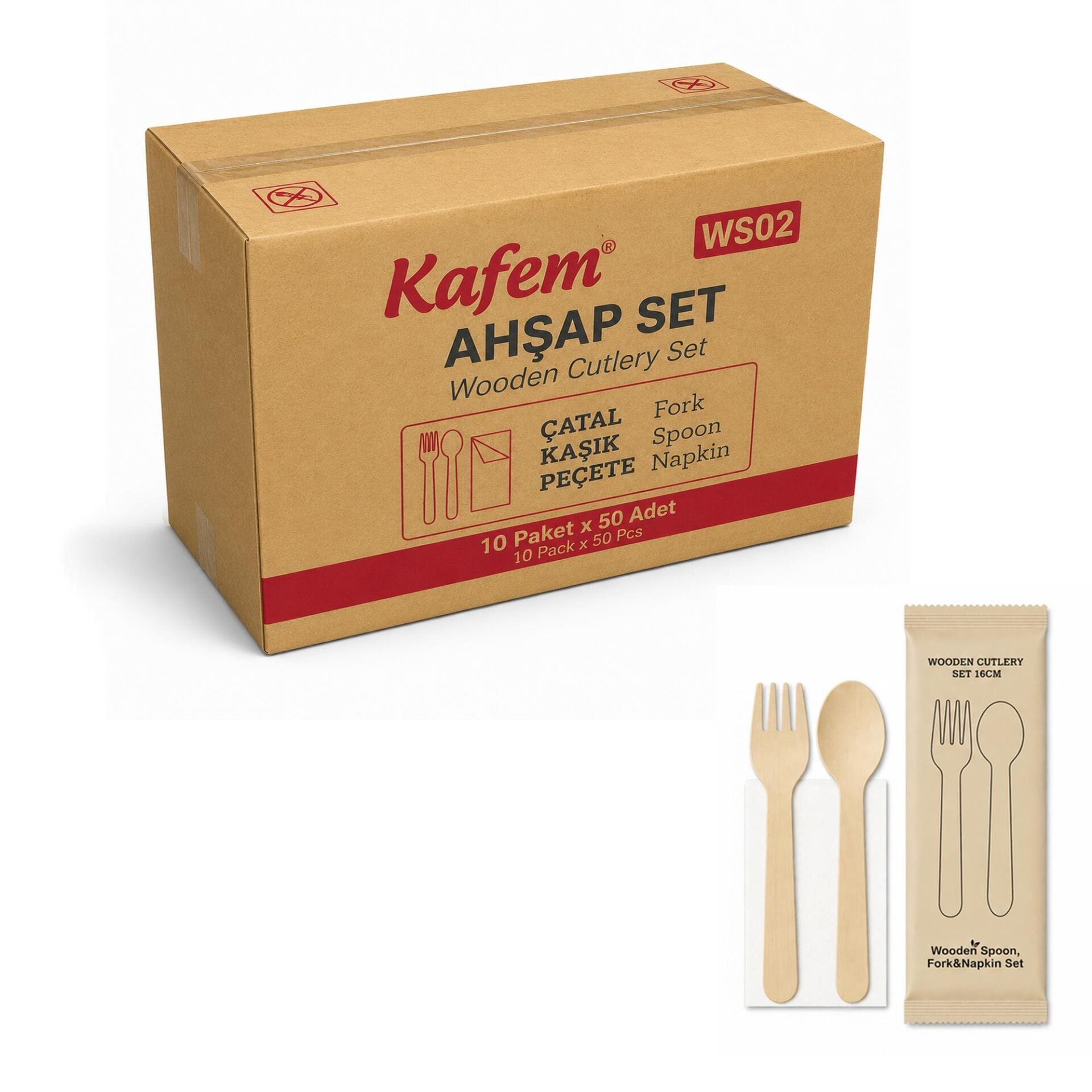 Ahşap Set Çatal-Kaşık-Peçete 50 Adet x 10 Paket
