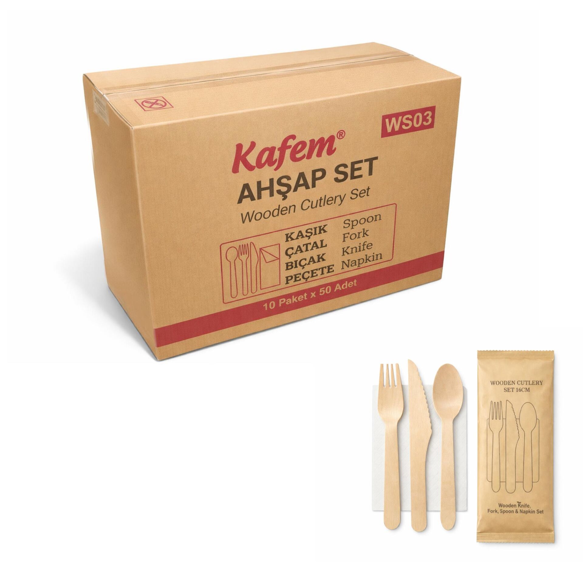 Ahşap Set Kaşık-Çatal-Peçete-Bıçak 50 Adet x 10 Paket