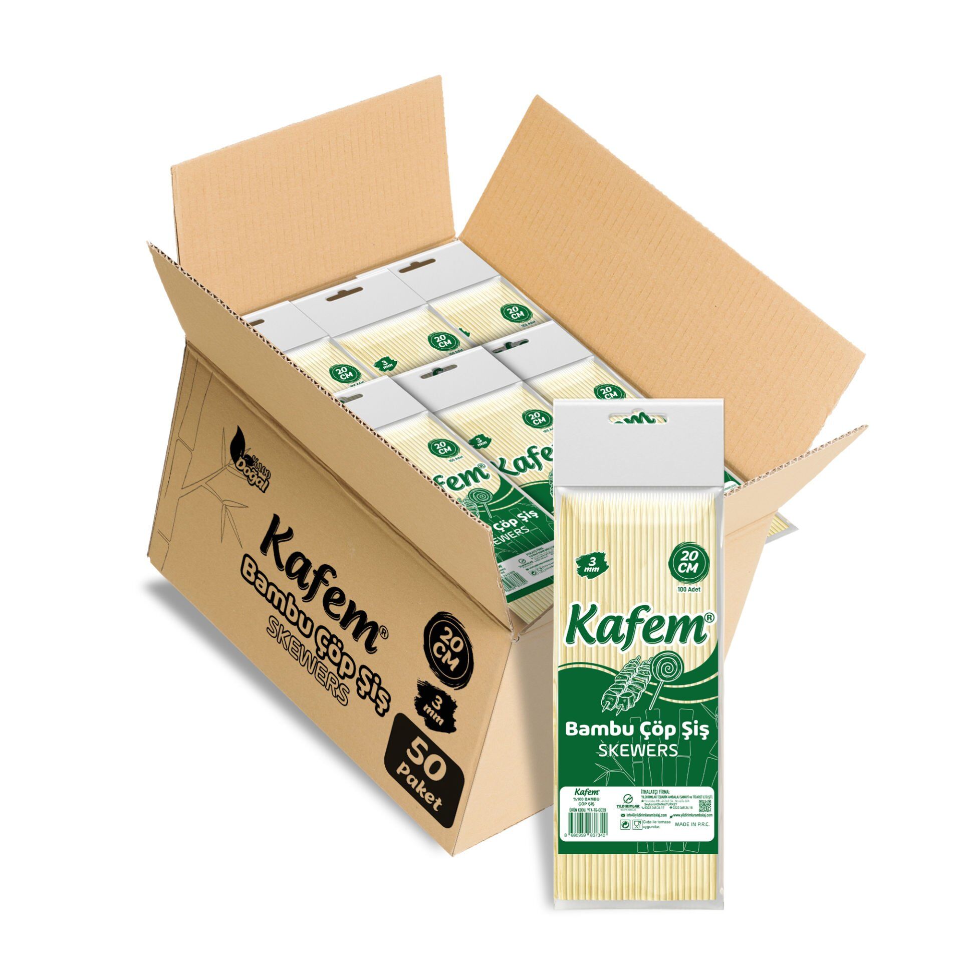 Kafem Bambu Çöp Şiş 20 cm 3 mm 100 Lü X 50 Paket