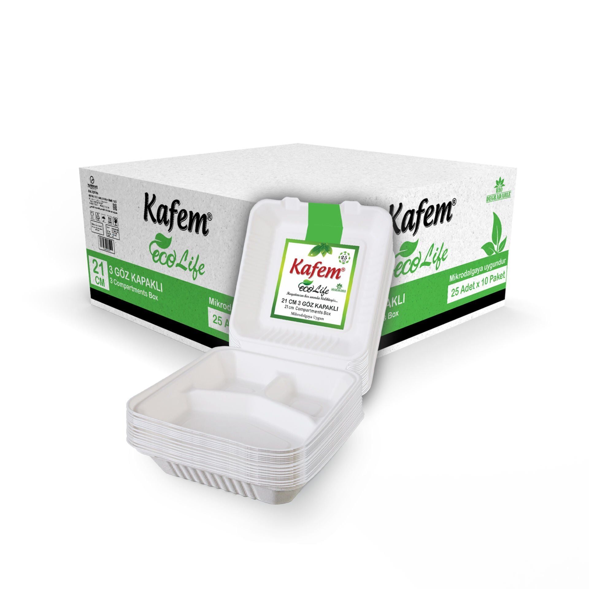 Kafem Ekolojik 3 Göz Kapaklı Karton Tabak 25 li X 10 Paket (Koli)