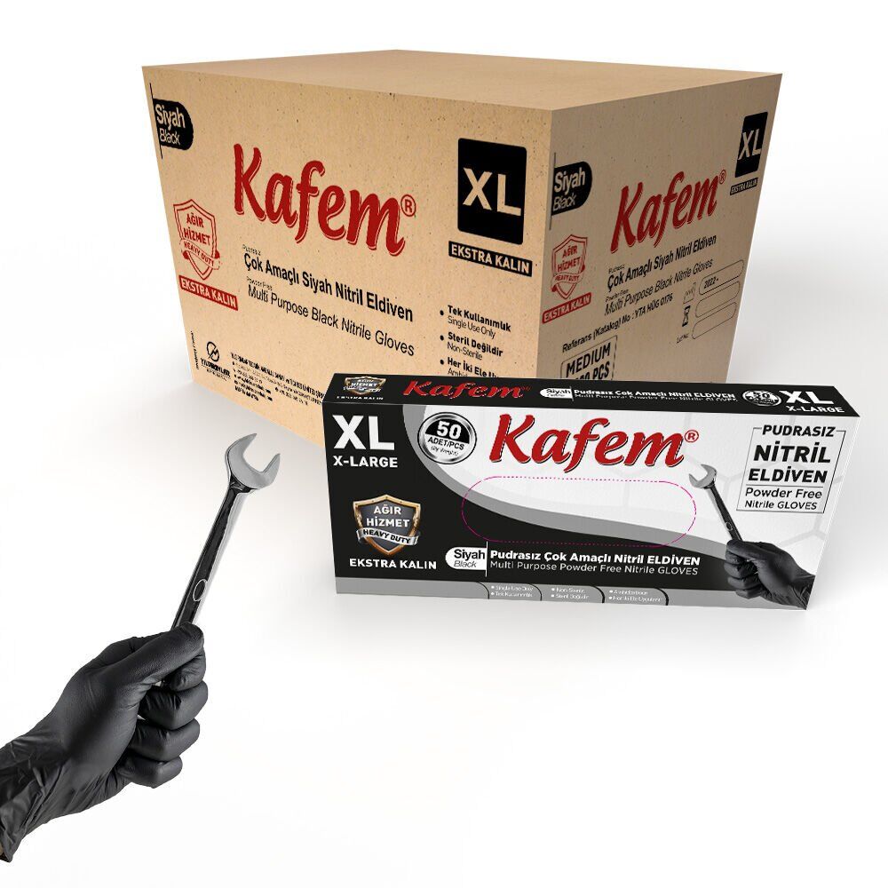 Kafem Siyah Nitril Eldiven Pudrasız Ekstra Kalın (XL) 50 Lİ X 20 Paket