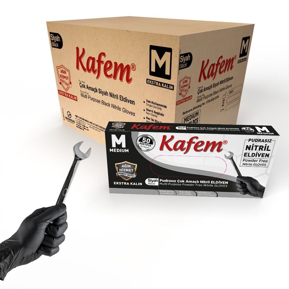 Kafem Siyah Nitril Eldiven Pudrasız Ekstra Kalın (M) 50 Lİ X 20 Paket