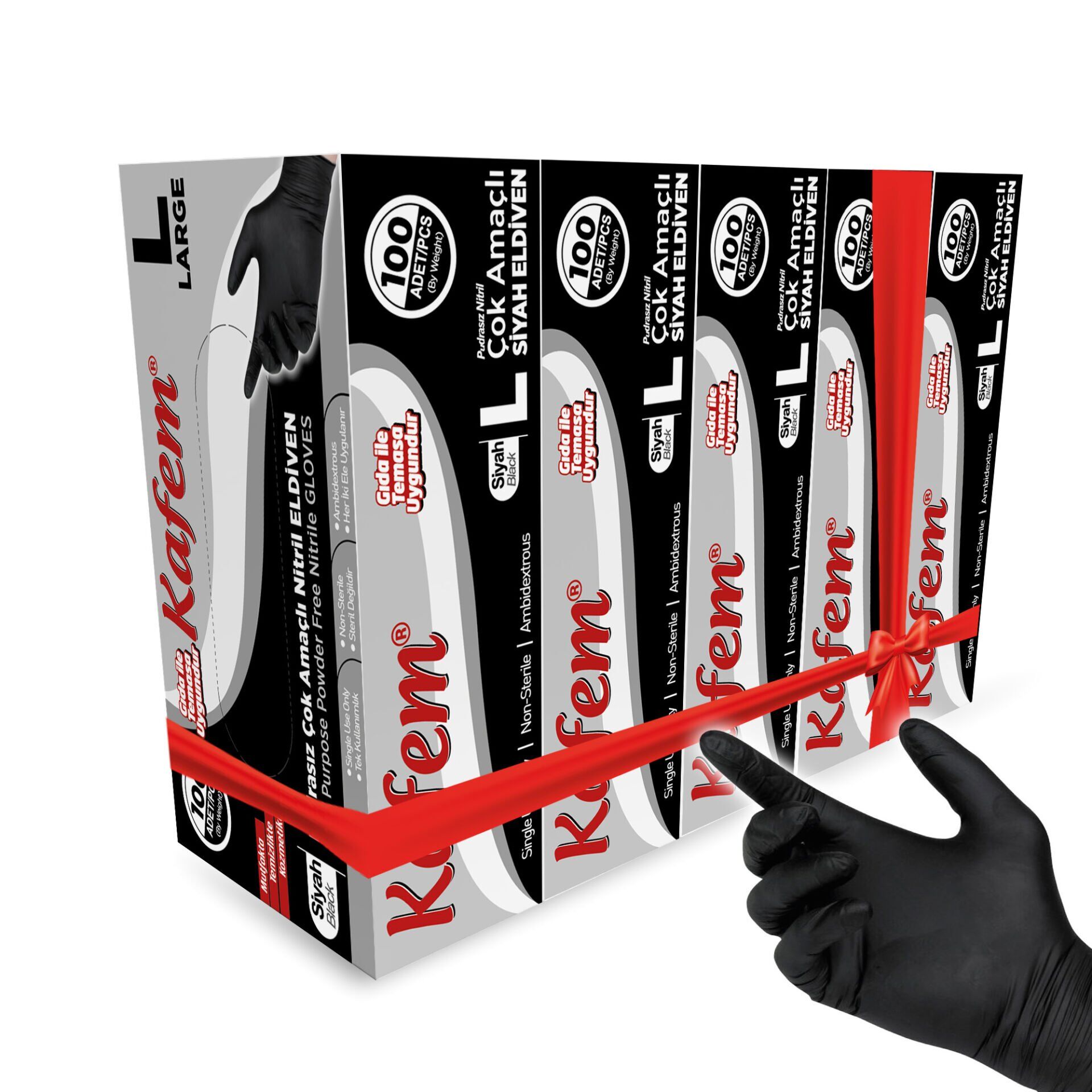 Kafem Siyah Çok Amaçlı Nitril Muayene Eldiveni L Beden 100 Lü X 5 Paket