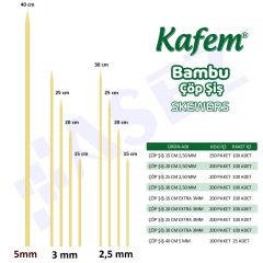 Kafem Bambu Çöp Şiş 20 cm 3 mm 100 Lü X 10 Paket