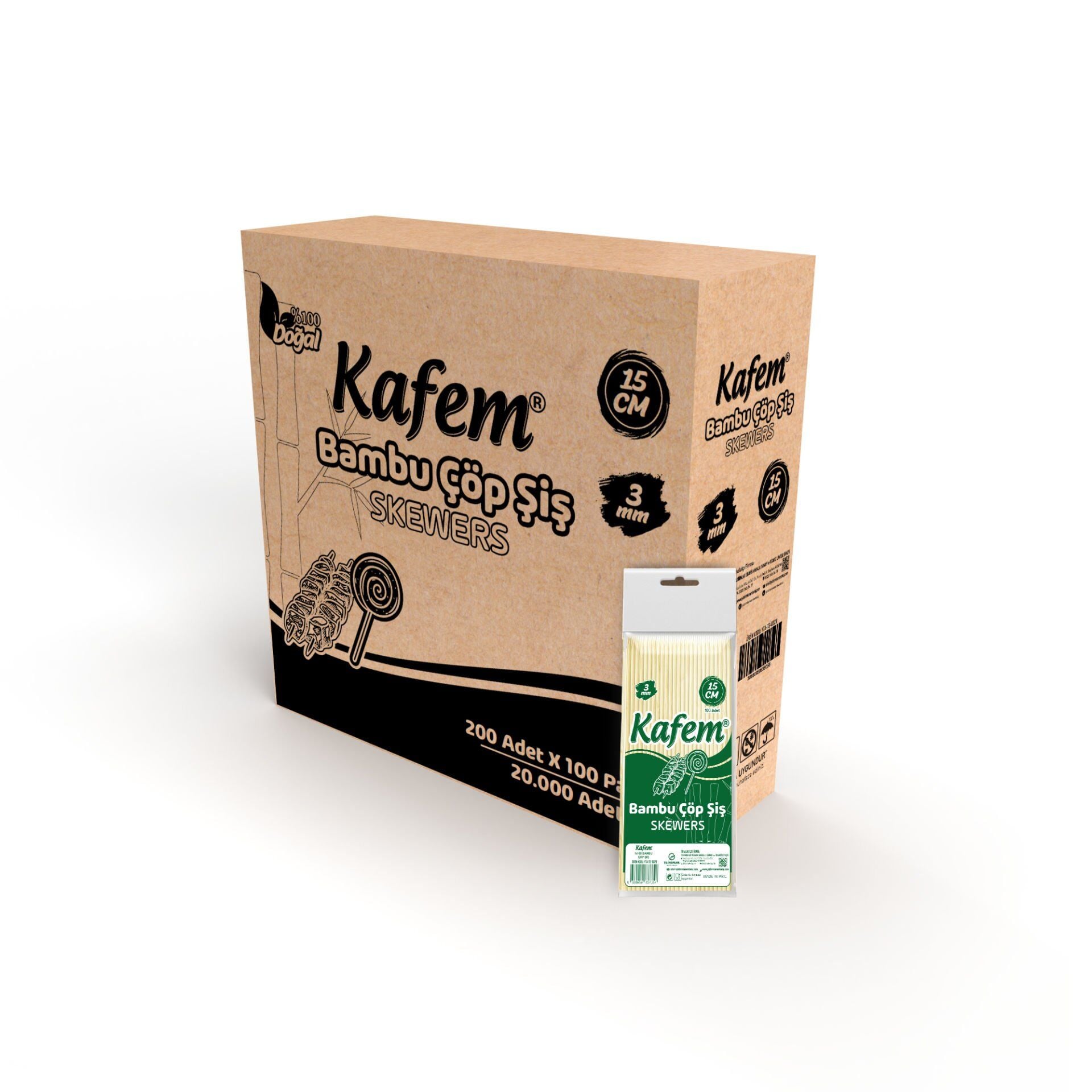 Kafem Bambu Çöp Şiş 15 cm 3 mm 100 Lü X 200 Paket (Koli)