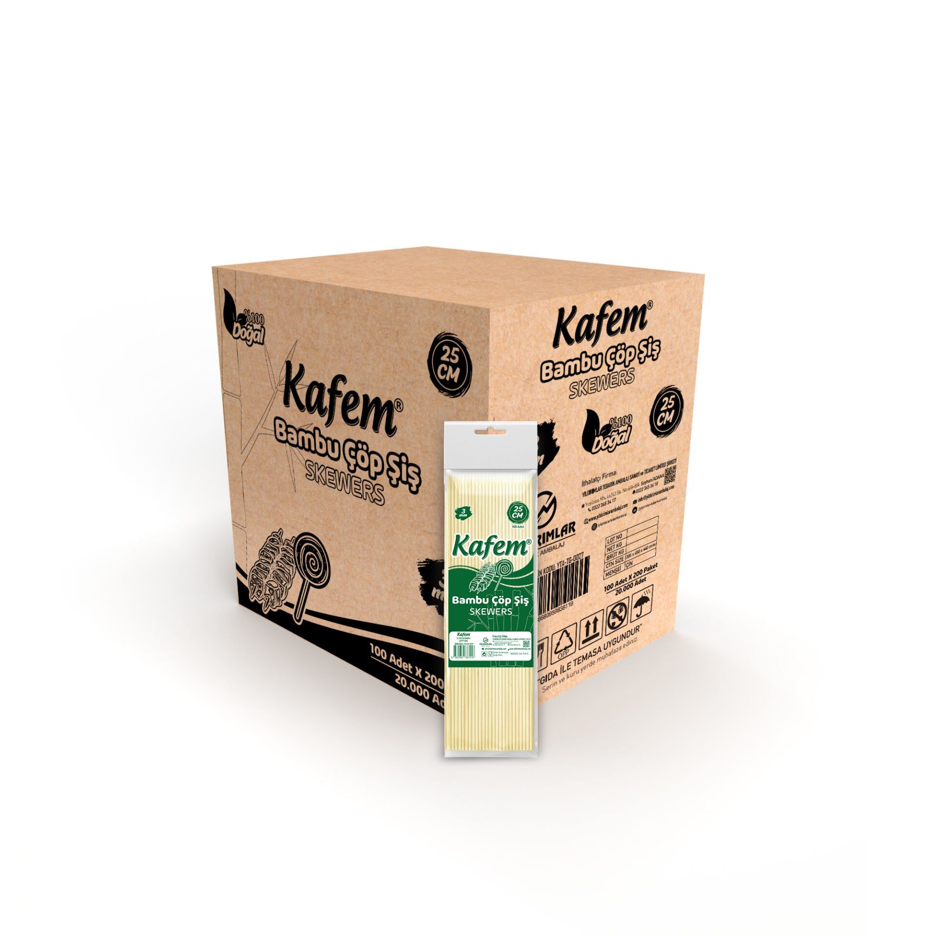 Kafem Bambu Çöp Şiş 25 cm 3 mm 100 Lü X 200 Paket (Koli)