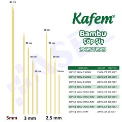 Kafem Bambu Çöp Şiş 30 cm 3 mm 100 Lü X 100 Paket (Koli)