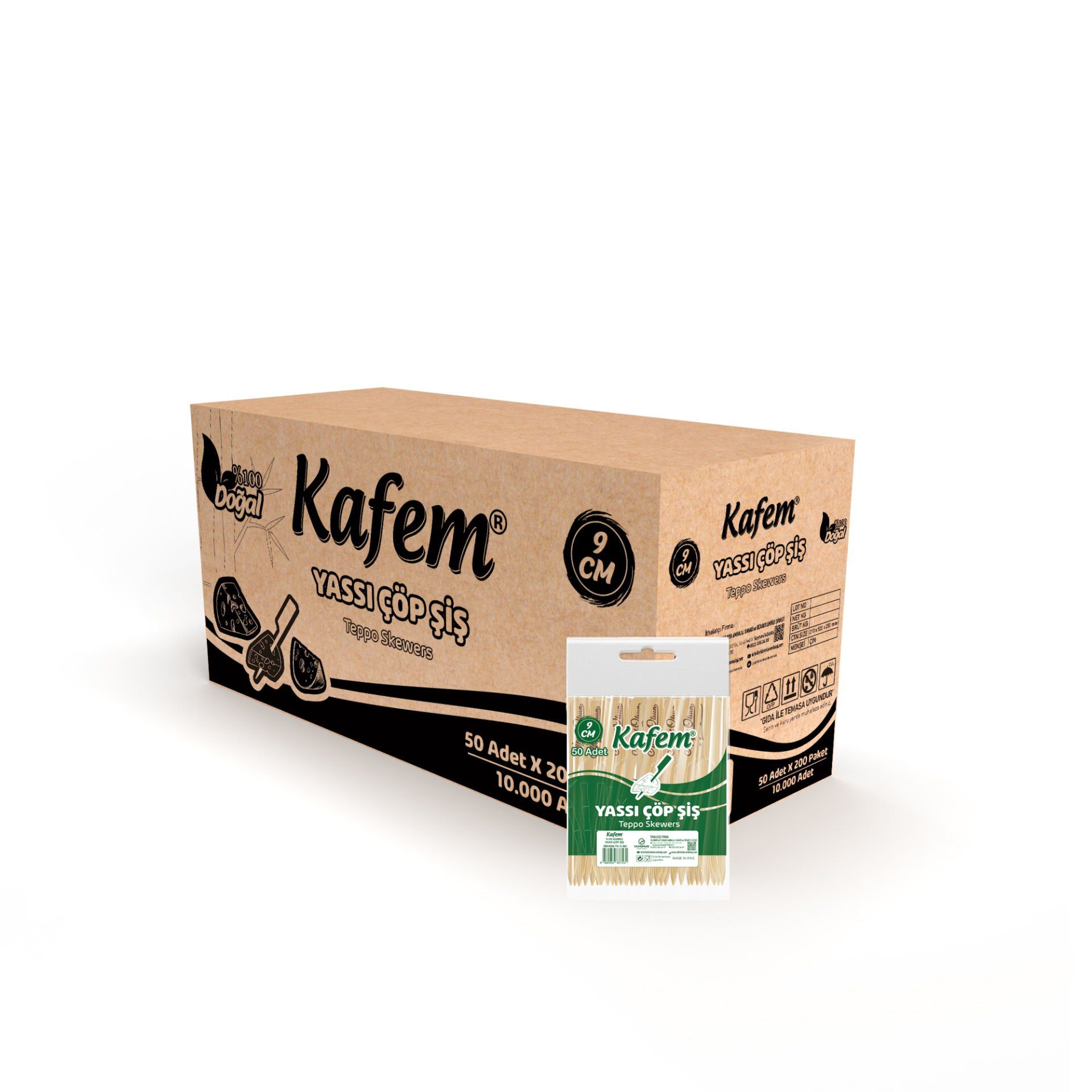 Kafem Yassı Çöp Şiş - Sunum Kürdanı 9 cm 50 Li x 200 Paket (Koli)