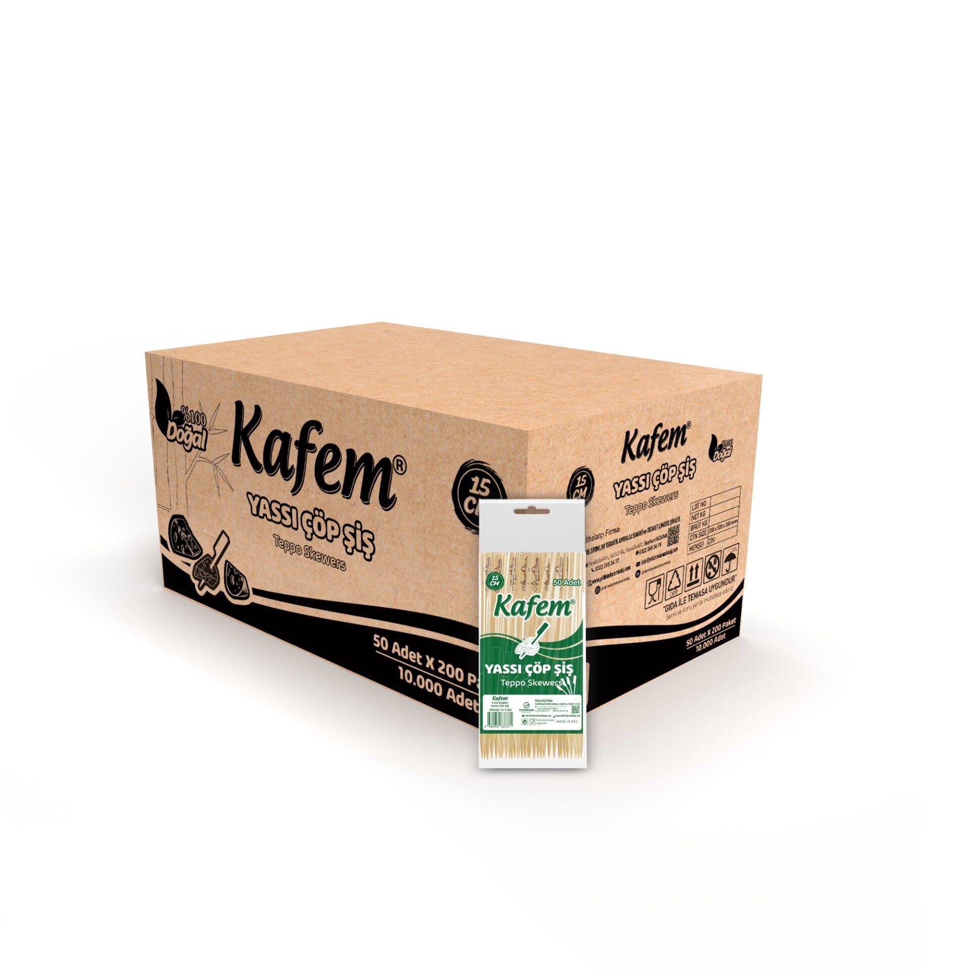 Kafem Yassı Çöp Şiş - Sunum Kürdanı 15 cm 50 Li x 200 Paket (Koli)