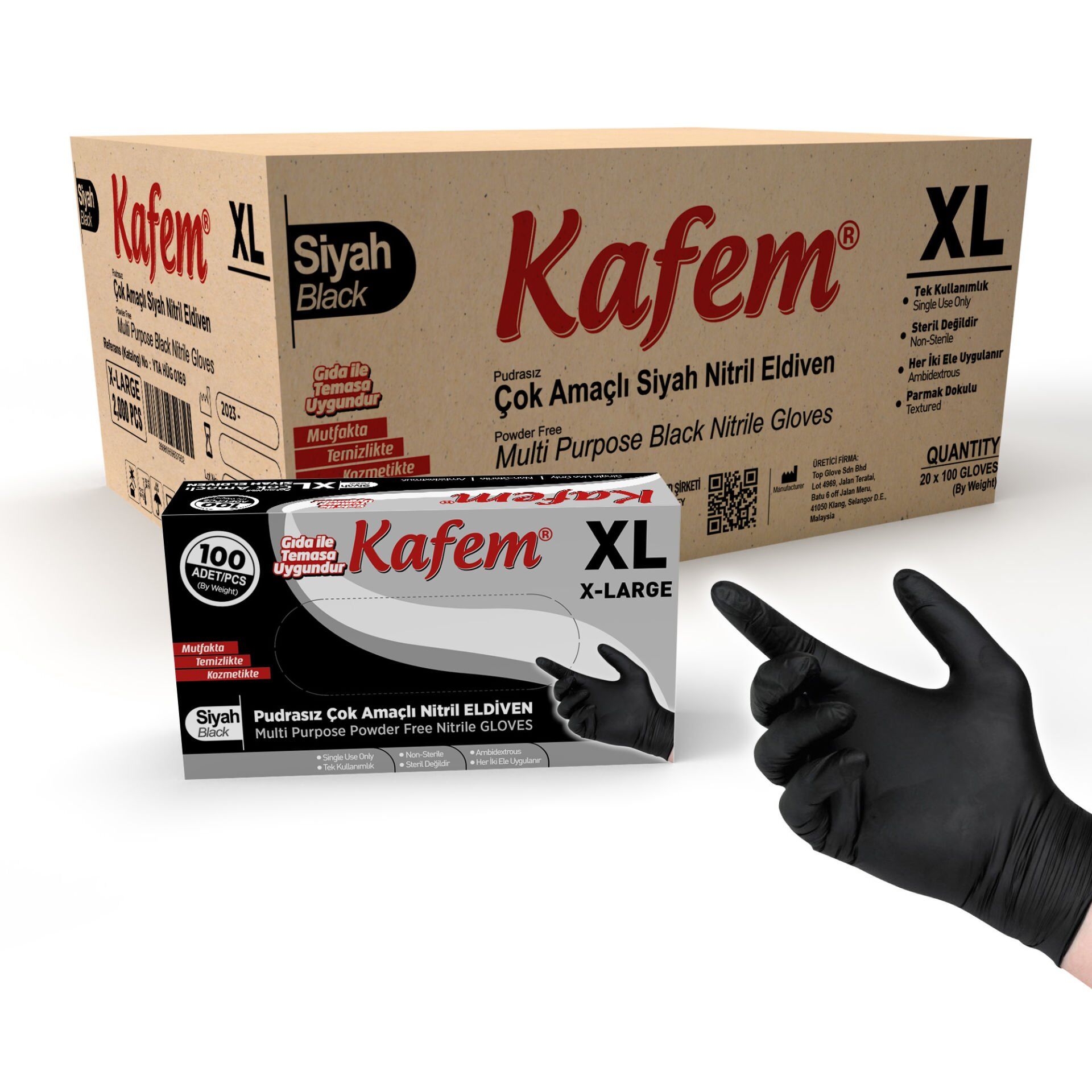 Kafem Siyah Çok Amaçlı Nitril Muayene Eldiveni XL Beden 100 Adet X 20 Paket (Koli)