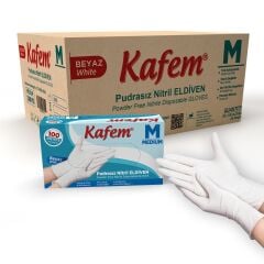 Kafem Beyaz Nitril Eldiven Pudrasız (M) 100 Lü X 20 Paket (Koli)