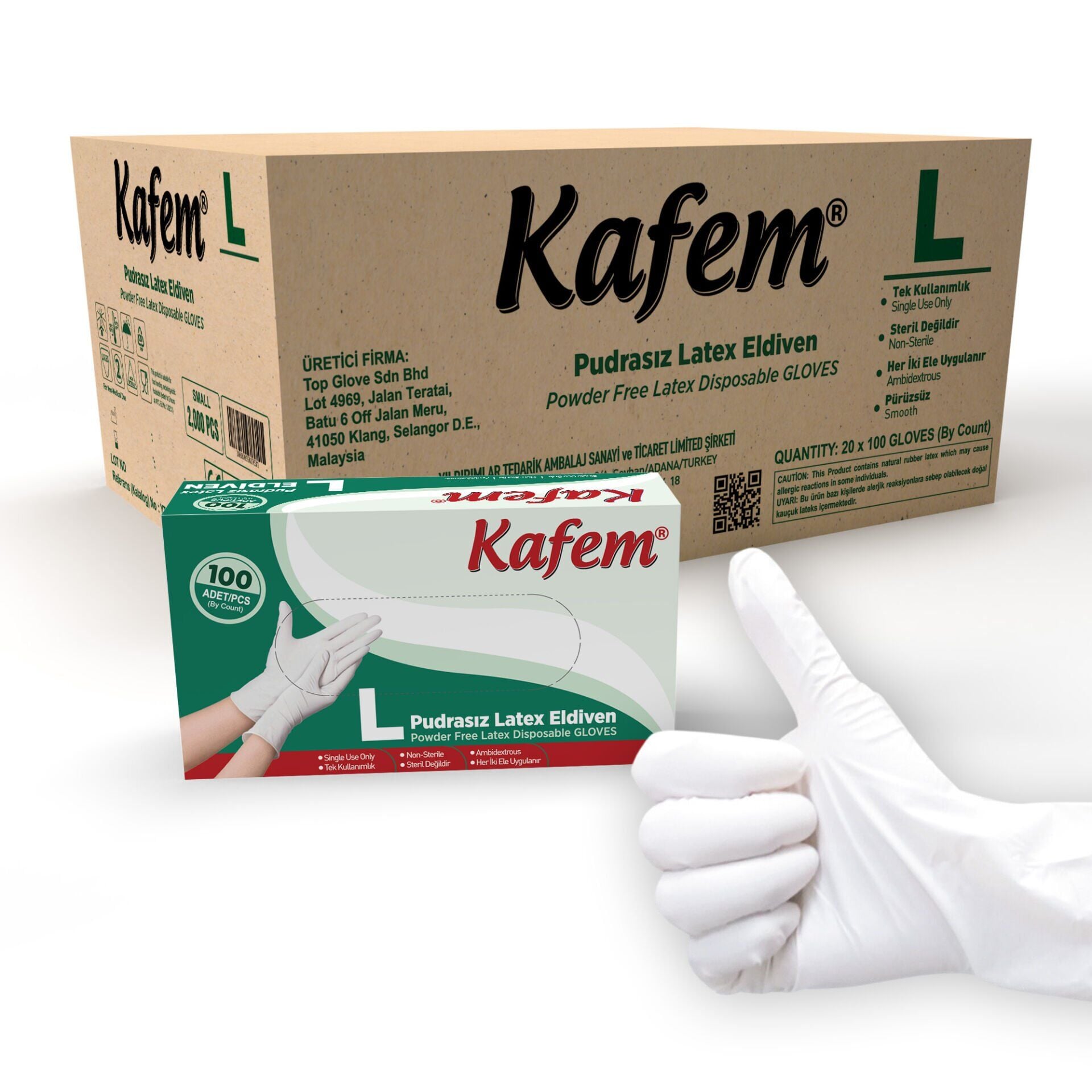 Kafem Beyaz Lateks Eldiven Pudrasız (L) 100 Lü X 20 Paket (Koli)