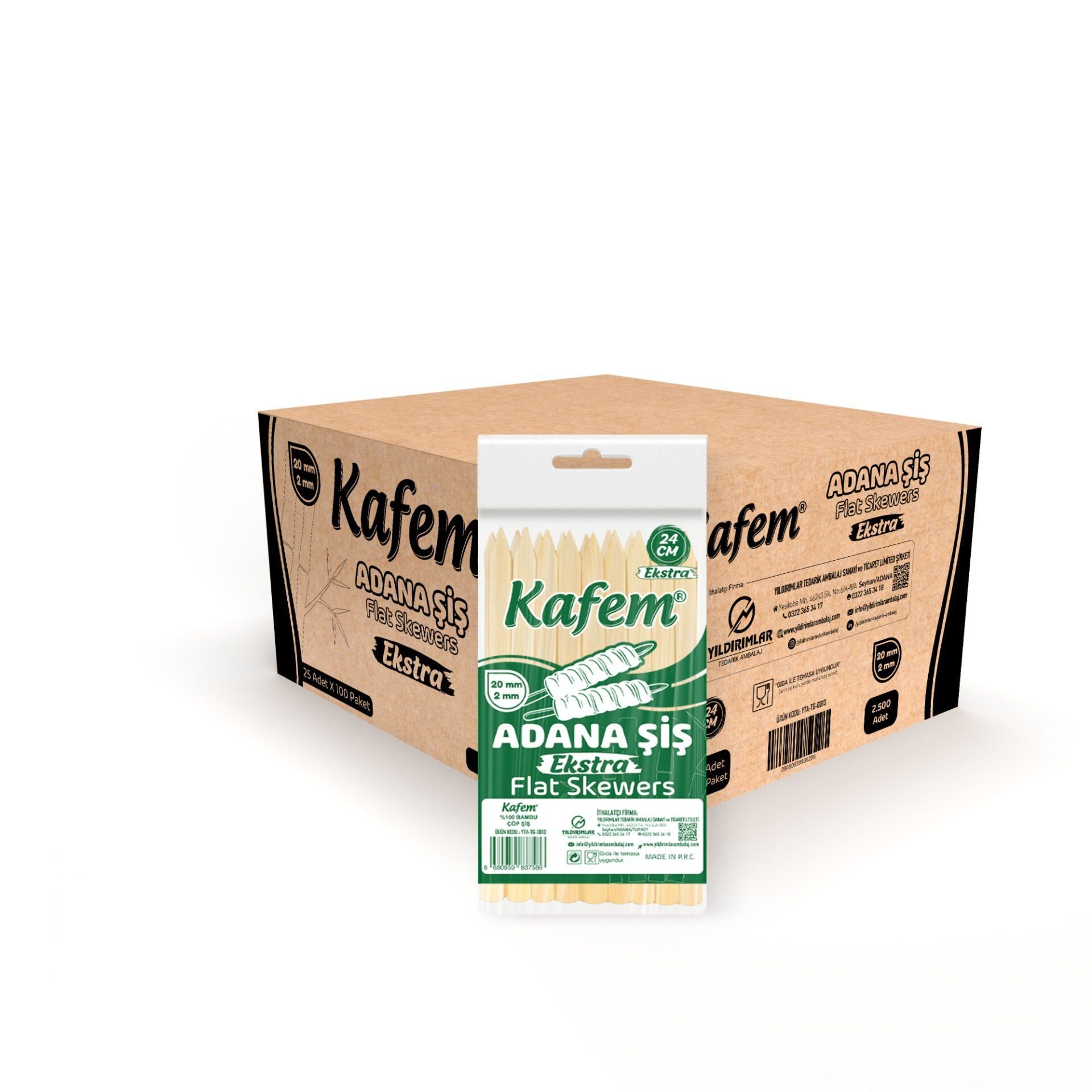 Kafem Adana Çöp Şiş Ekstra 24 cm 25 Li X 100 Paket (Koli)